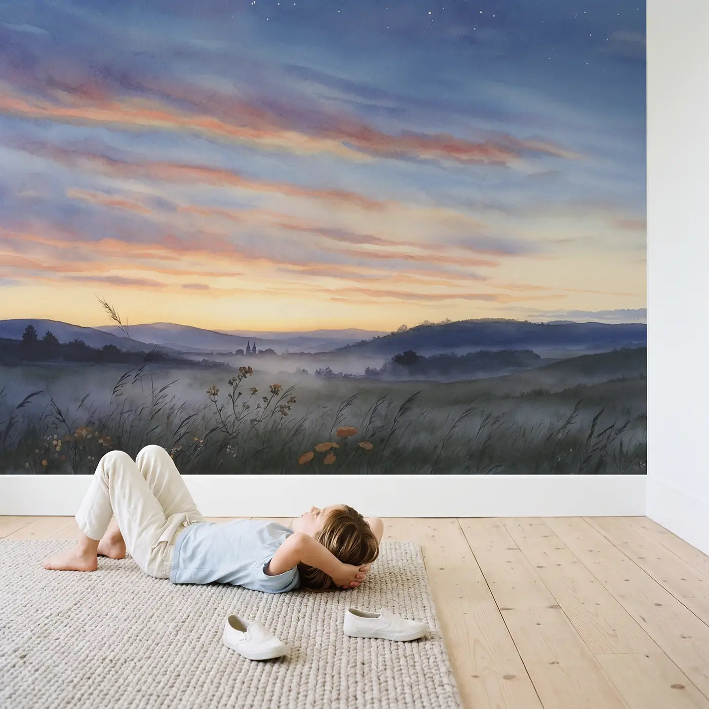 Child in nursery with Twilight Horizon Gradient Wallpaper Mural by Whimsy Tots