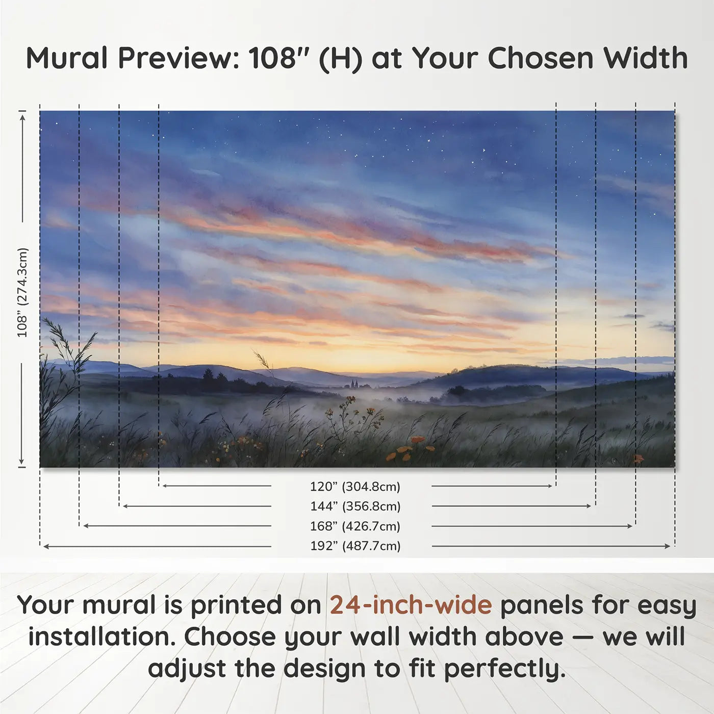 Panel layout and dimensions for Twilight Horizon Gradient Wallpaper Mural by Whimsy Tots