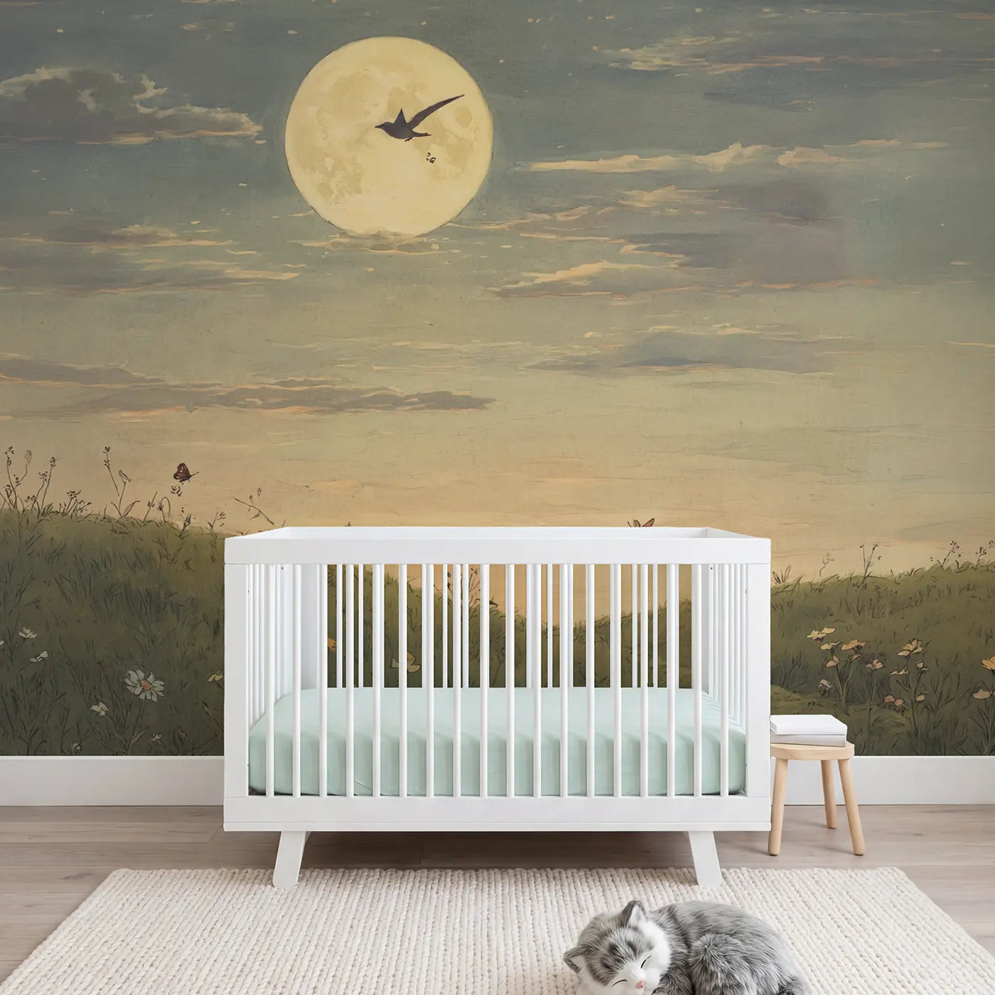 Storybook bird silhouette full moon sky wallpaper mural for nursery by Whimsy Tots