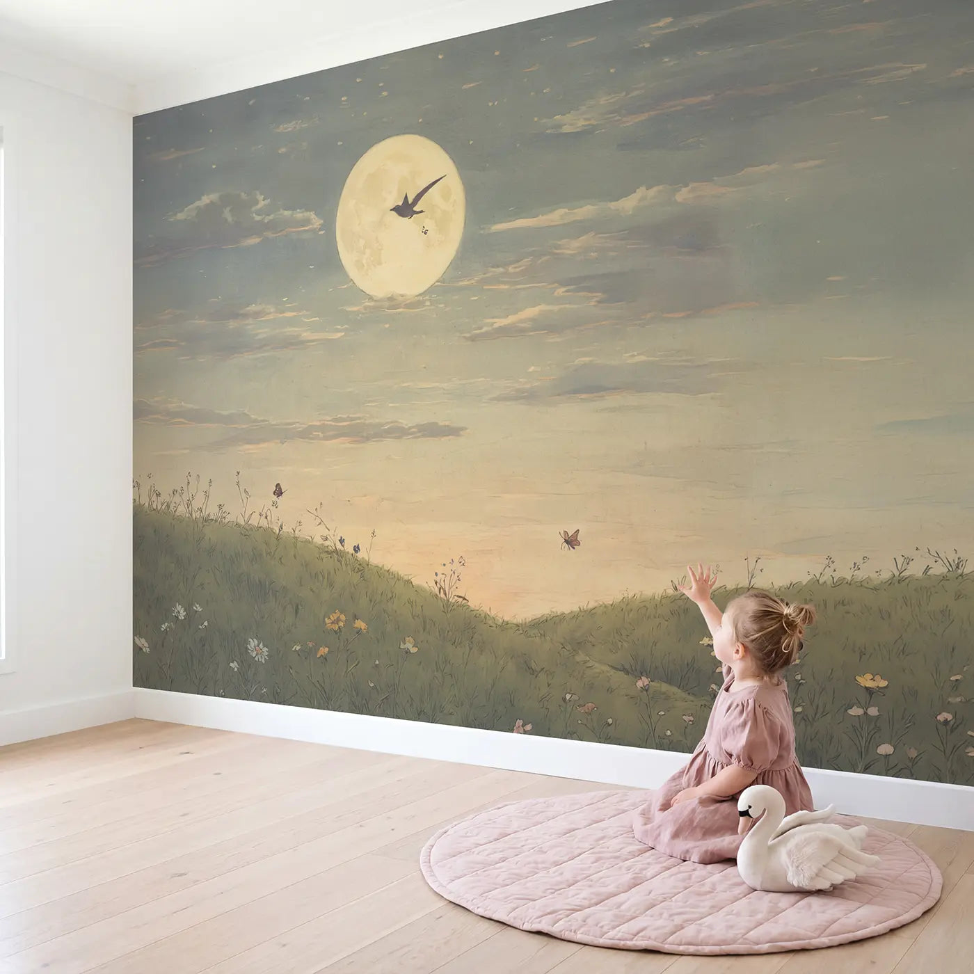 Child in nursery with Bird Silhouette Enormous Full Wallpaper Mural by Whimsy Tots