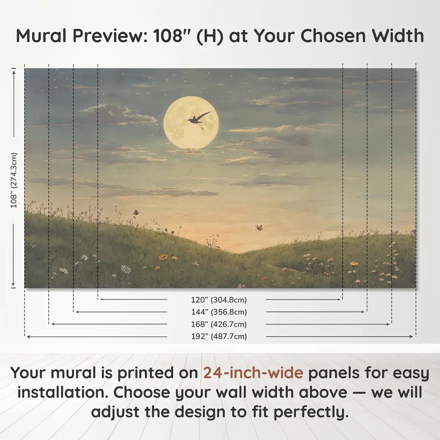 Panel layout and dimensions for Bird Silhouette Enormous Full Wallpaper Mural by Whimsy Tots