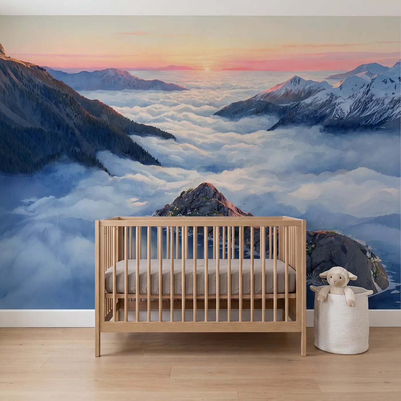 Watercolor cloud and sun wallpaper mural for kids room by Whimsy Tots