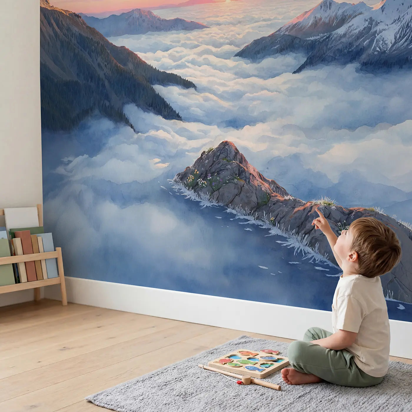 Child in nursery with Cloud Sea Mountain Peaks Dawn Wallpaper Mural by Whimsy Tots
