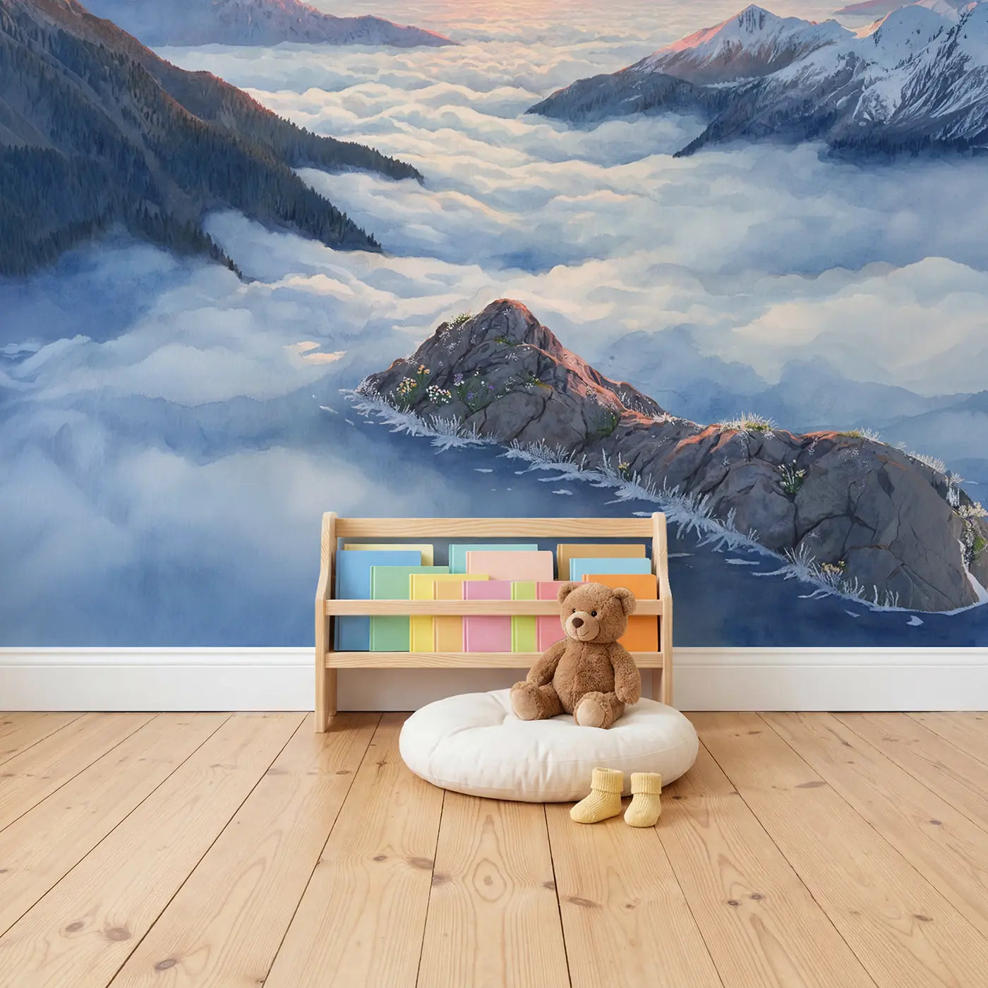 Cloud Sea Mountain Peaks Dawn Wallpaper Mural in playroom setting by Whimsy Tots