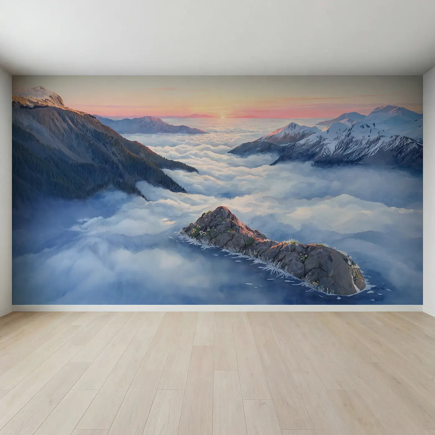 Full view of Cloud Sea Mountain Peaks Dawn Wallpaper Mural by Whimsy Tots