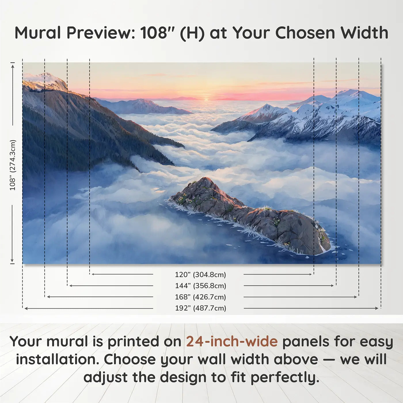 Panel layout and dimensions for Cloud Sea Mountain Peaks Dawn Wallpaper Mural by Whimsy Tots