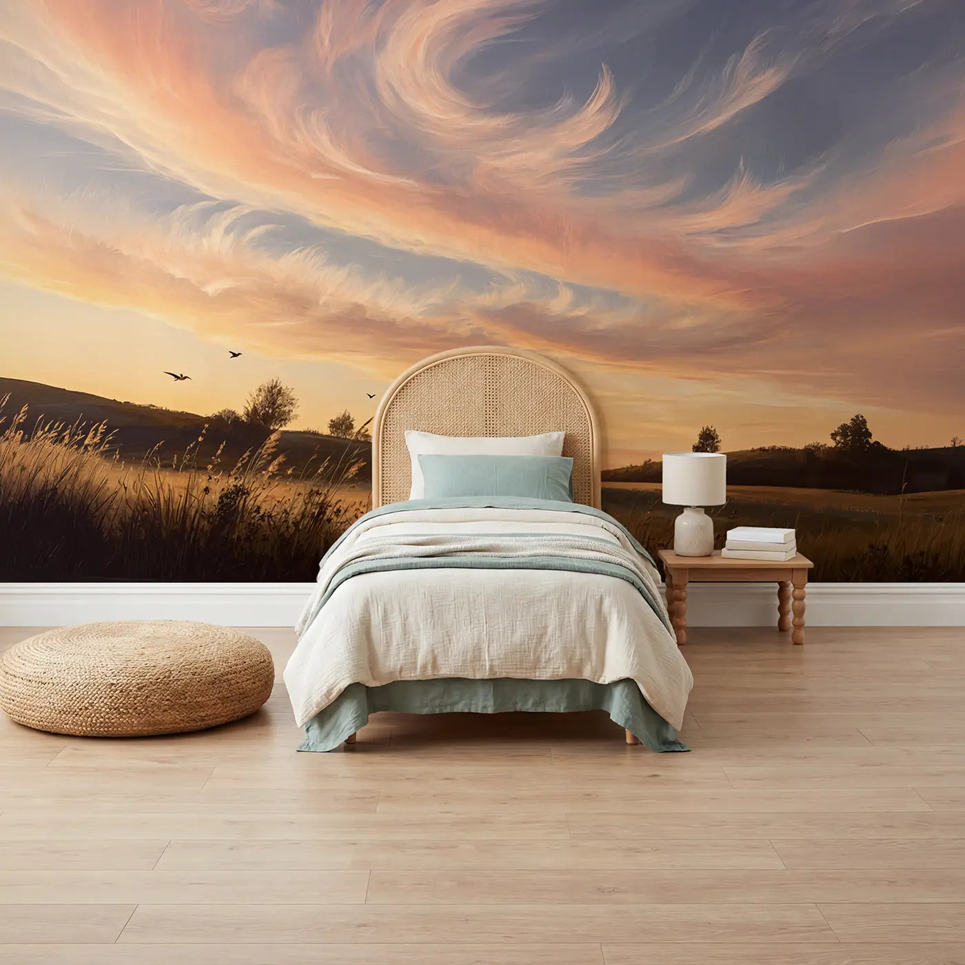 Block print cloud sky wallpaper mural for kids room by Whimsy Tots