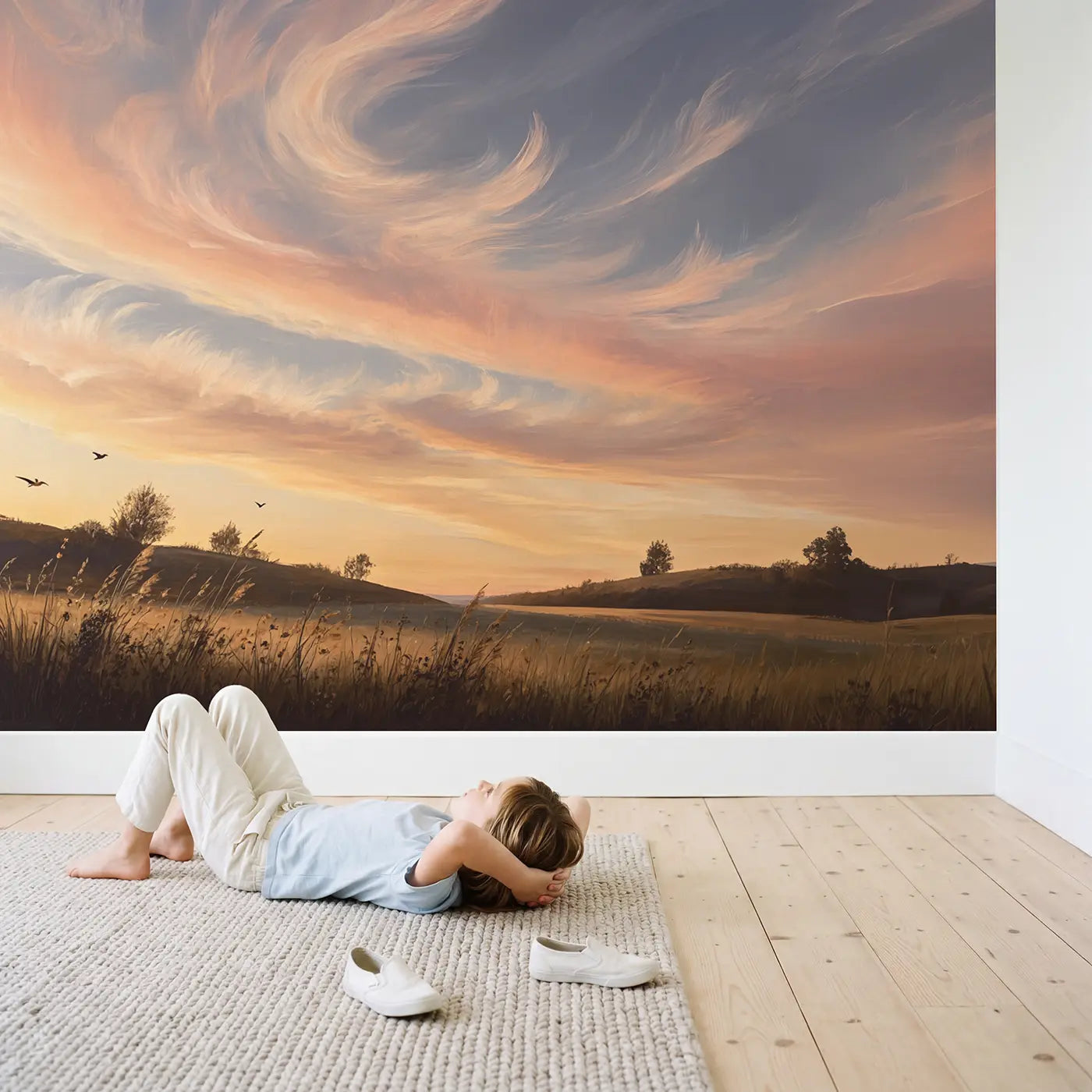 Child in nursery with Dawn Cirrus Sky Wallpaper Mural by Whimsy Tots