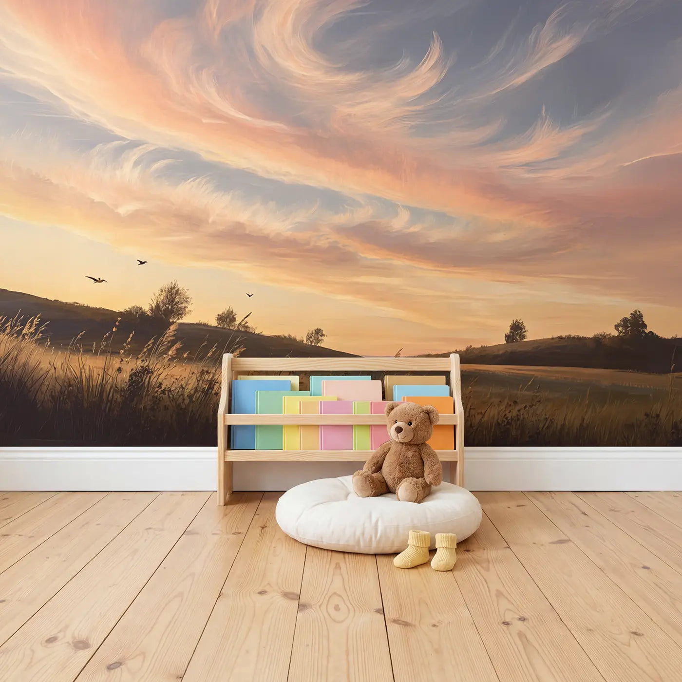 Dawn Cirrus Sky Wallpaper Mural in playroom setting by Whimsy Tots