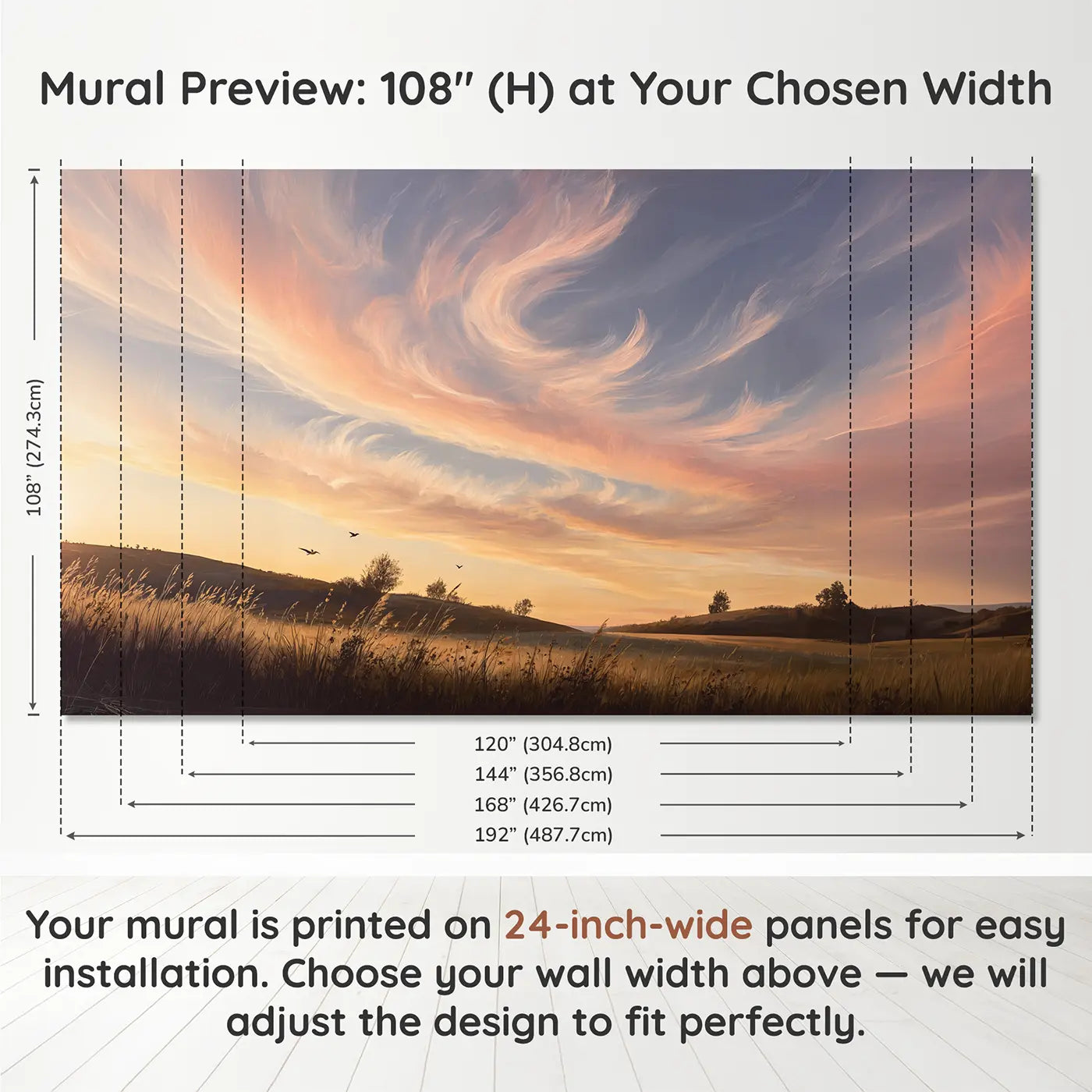 Panel layout and dimensions for Dawn Cirrus Sky Wallpaper Mural by Whimsy Tots