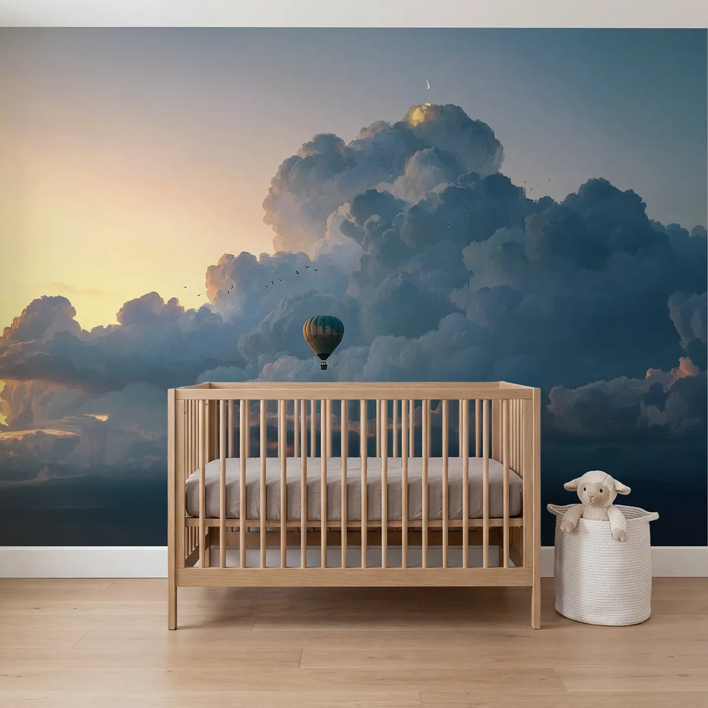 Soft pastel cloud and hot air balloon sky wallpaper mural for kids room by Whimsy Tots
