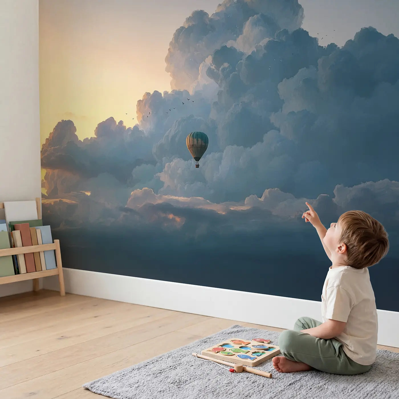 Child in nursery with Twilight Cloud Journey Wallpaper Mural by Whimsy Tots