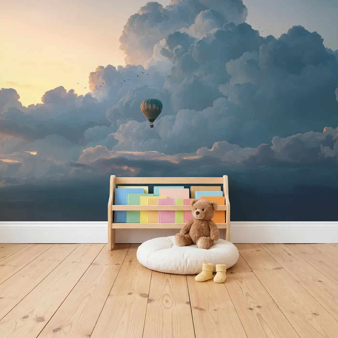 Twilight Cloud Journey Wallpaper Mural in playroom setting by Whimsy Tots