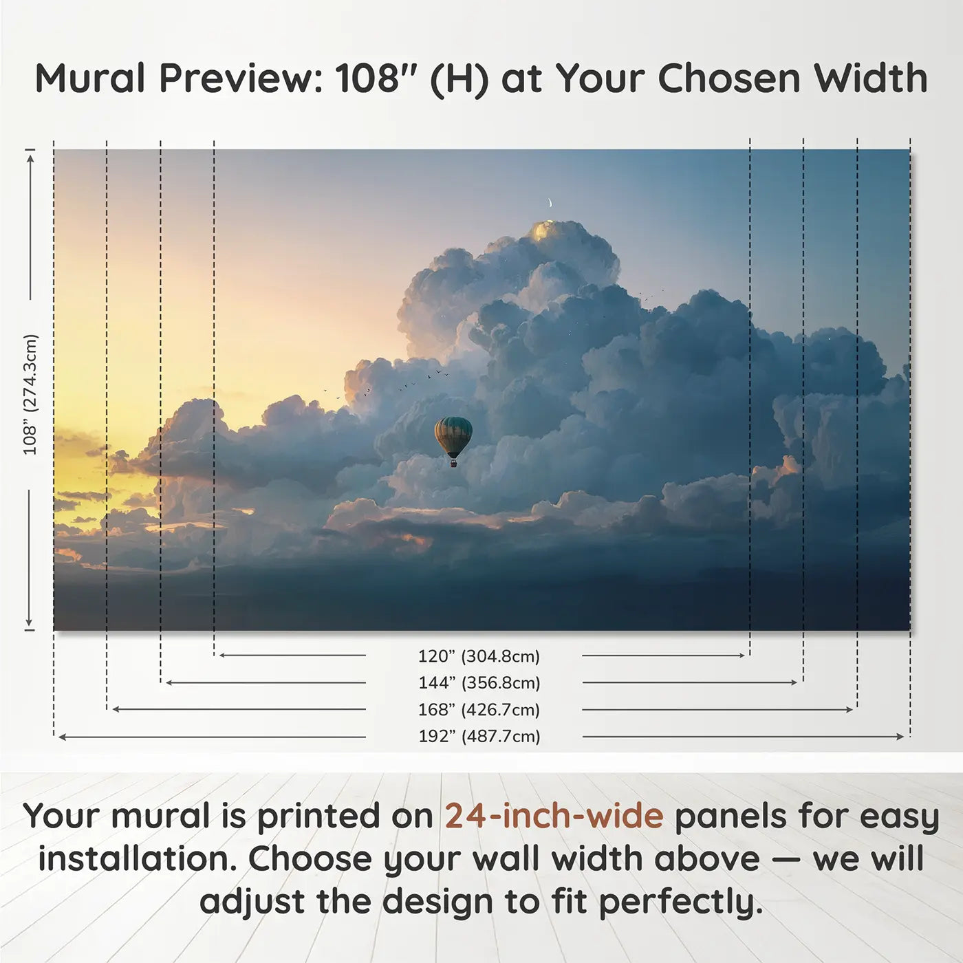 Panel layout and dimensions for Twilight Cloud Journey Wallpaper Mural by Whimsy Tots