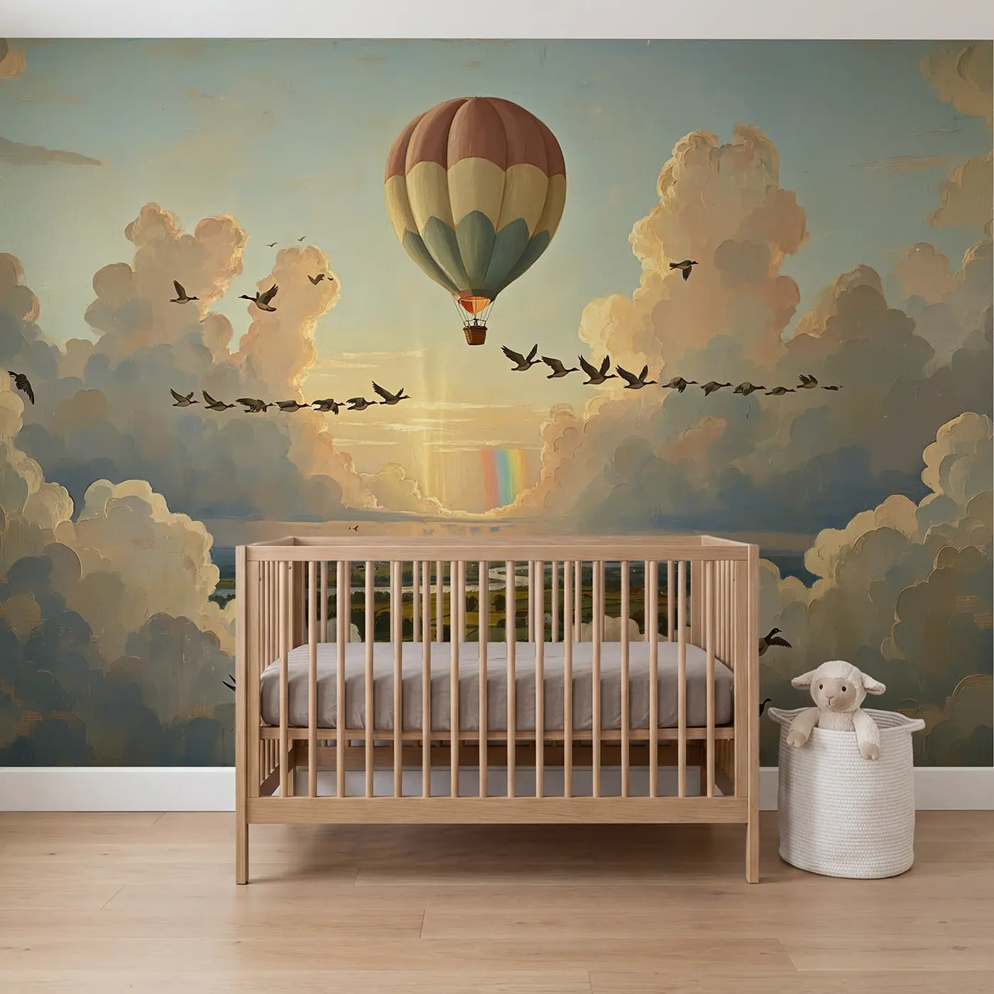 Painted landscape birds guiding hot air balloon wallpaper mural for nursery by Whimsy Tots