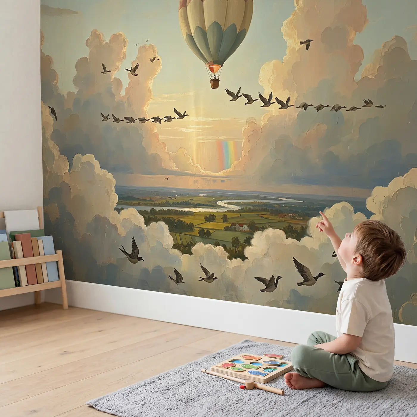 Child in nursery with Birds Teaching Balloon Pilot Wallpaper Mural by Whimsy Tots