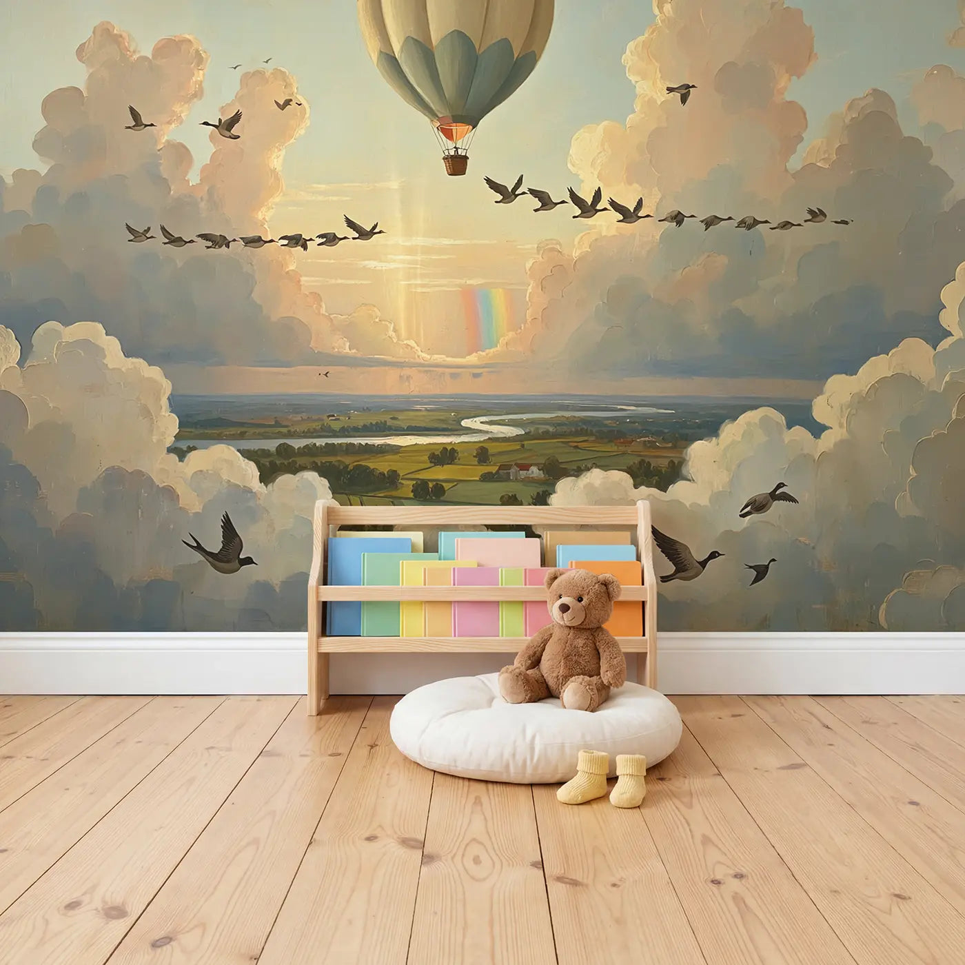 Birds Teaching Balloon Pilot Wallpaper Mural in playroom setting by Whimsy Tots