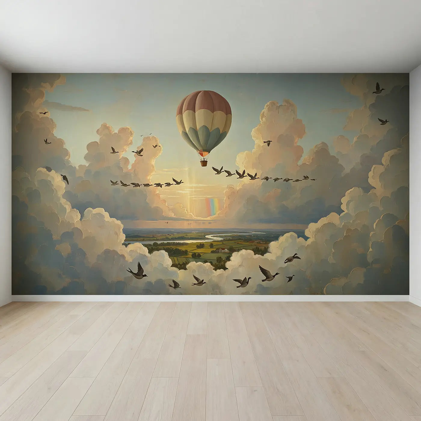 Full view of Birds Teaching Balloon Pilot Wallpaper Mural by Whimsy Tots