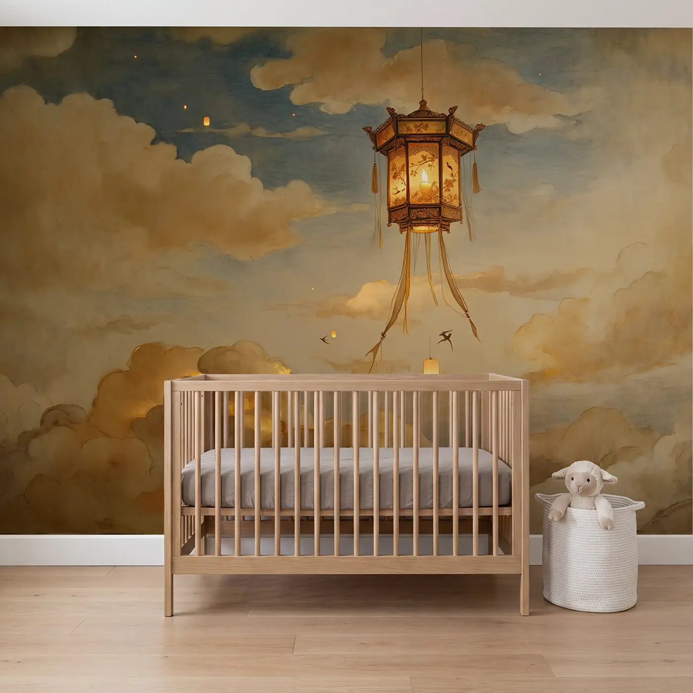 Storybook floating sky lantern dusk wallpaper mural for kids room by Whimsy Tots
