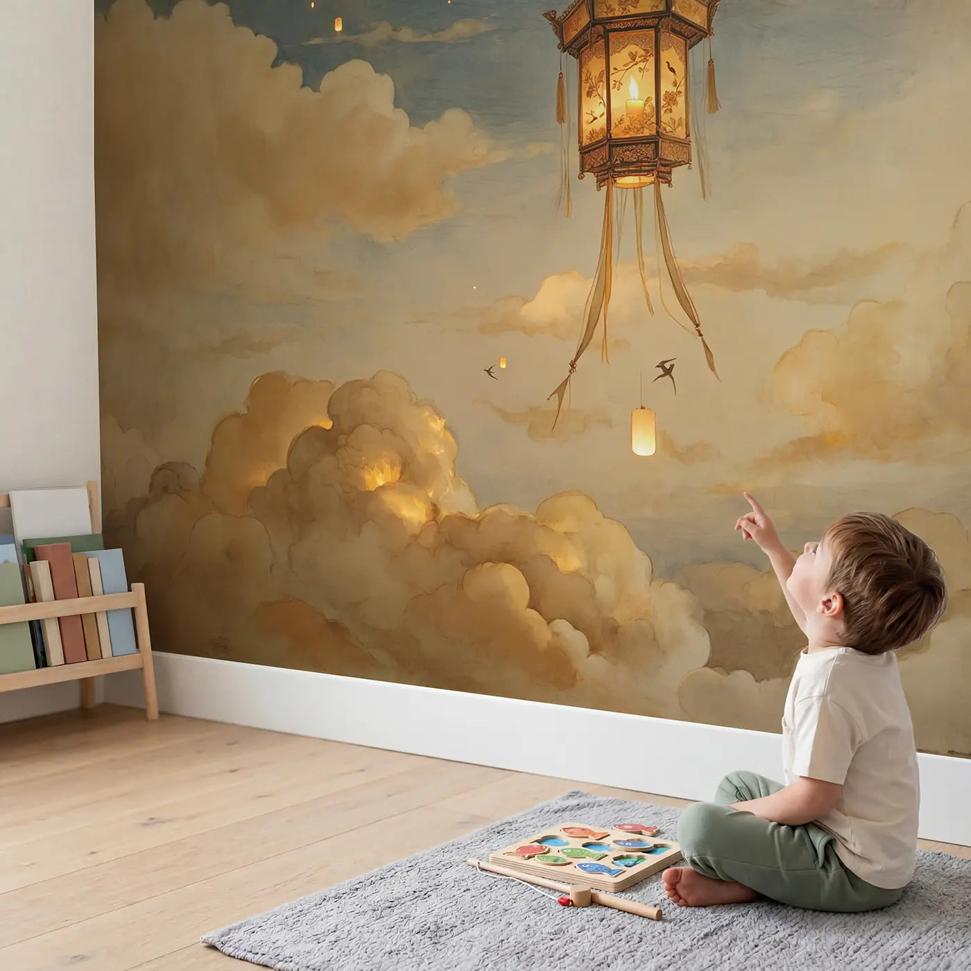 Child in nursery with Floating Sky Lantern Dusk Wallpaper Mural by Whimsy Tots
