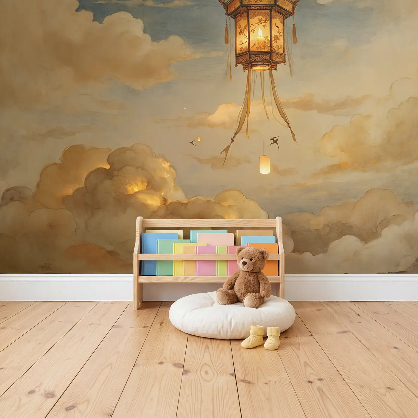 Floating Sky Lantern Dusk Wallpaper Mural in playroom setting by Whimsy Tots