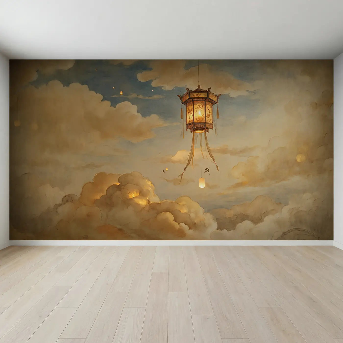 Full view of Floating Sky Lantern Dusk Wallpaper Mural by Whimsy Tots