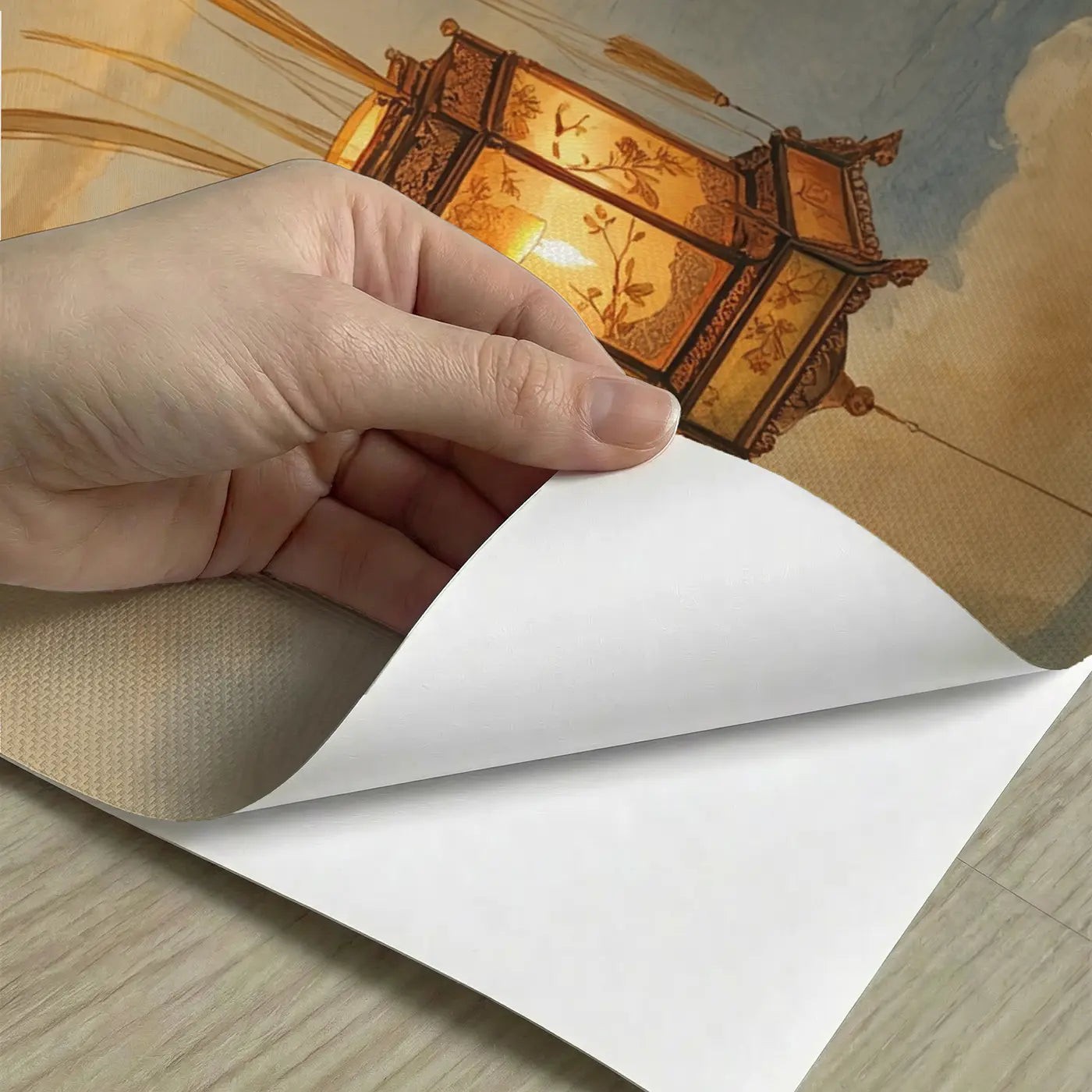 Peel-and-stick detail of Floating Sky Lantern Dusk Wallpaper Mural by Whimsy Tots