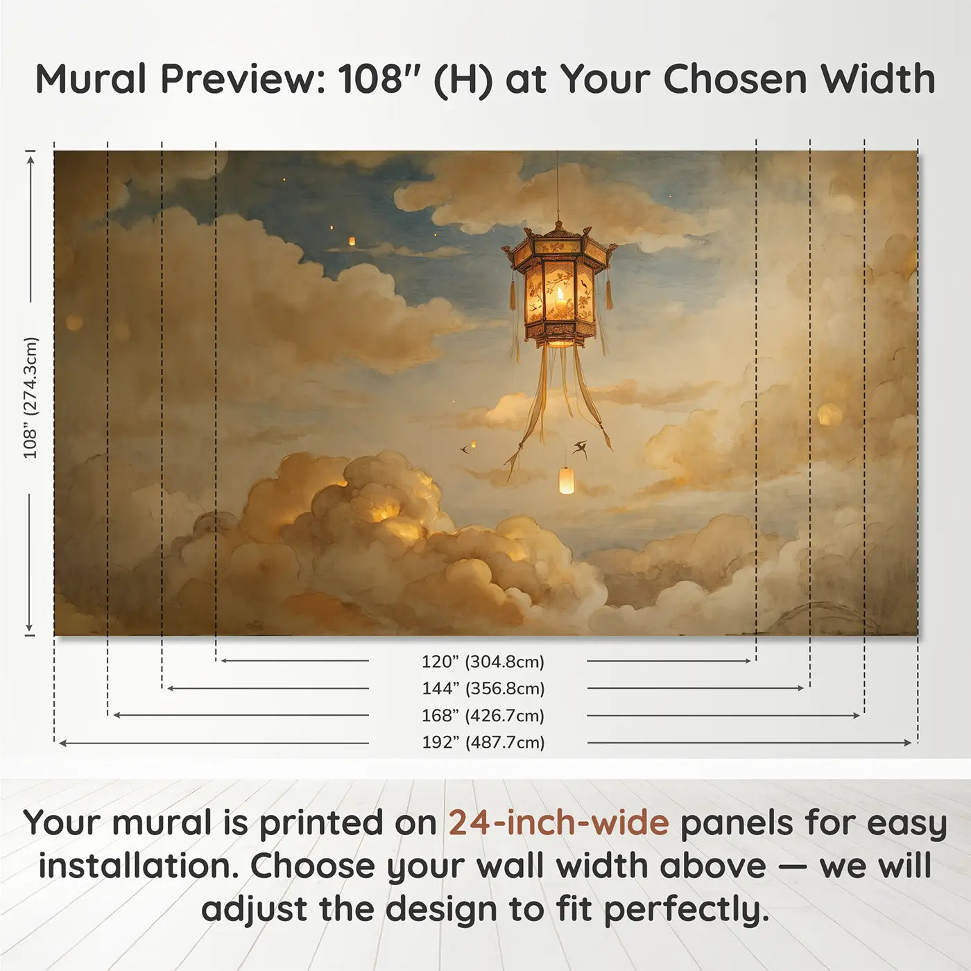 Panel layout and dimensions for Floating Sky Lantern Dusk Wallpaper Mural by Whimsy Tots