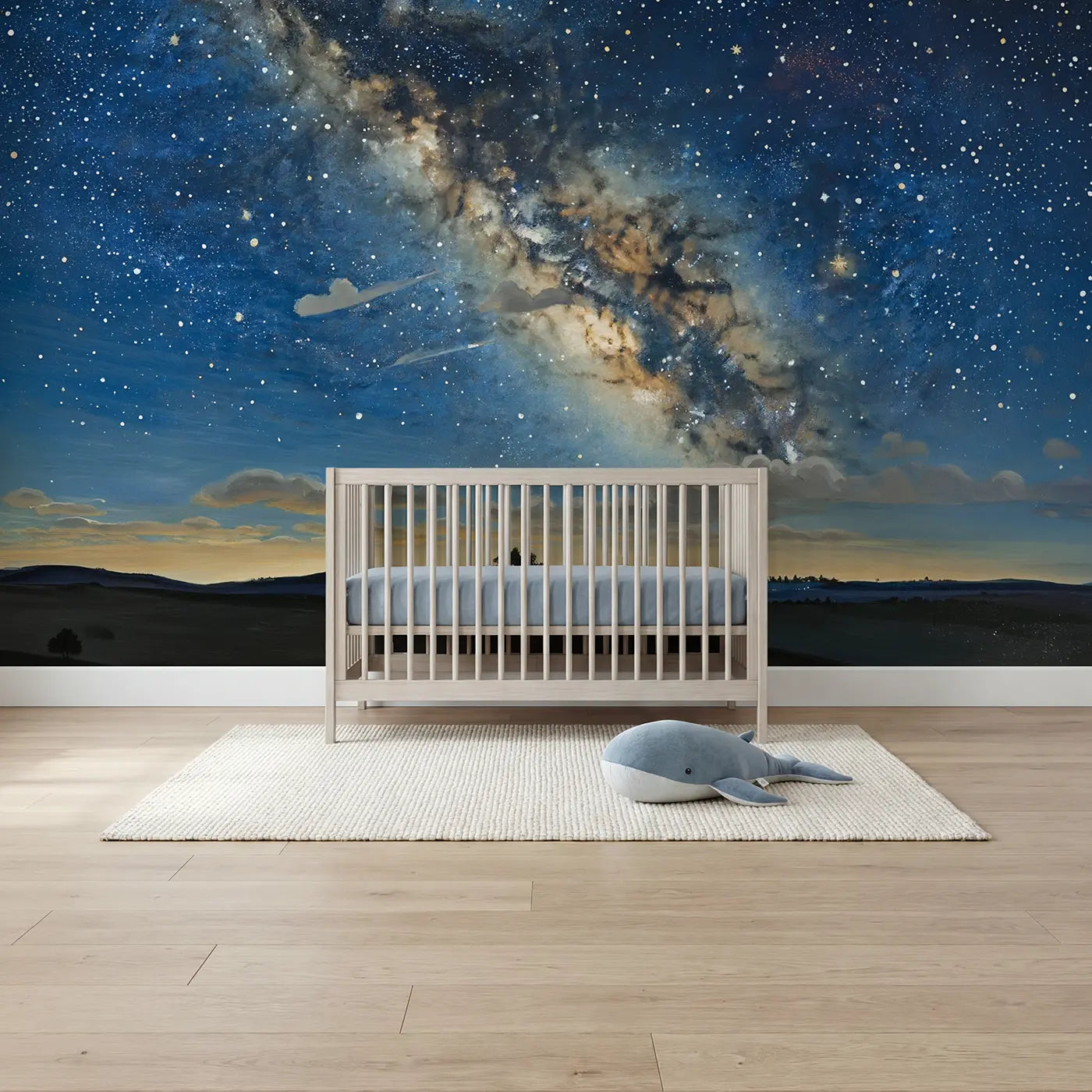 Modern illustration Milky Way with cloud night sky wallpaper mural for nursery by Whimsy Tots