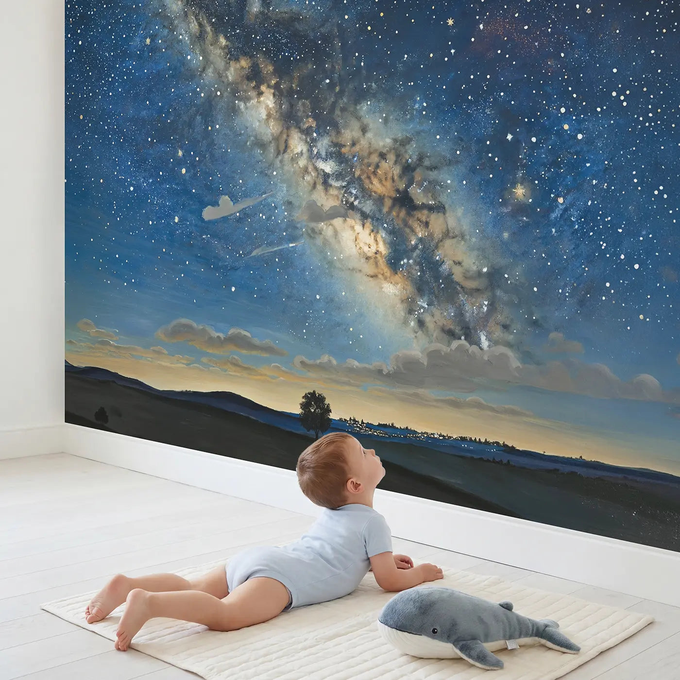 Child in nursery with Milky Way and Cloud Night Wallpaper Mural by Whimsy Tots