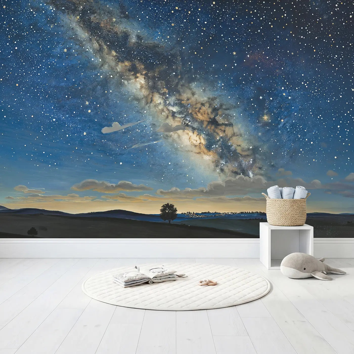Milky Way and Cloud Night Wallpaper Mural in playroom setting by Whimsy Tots