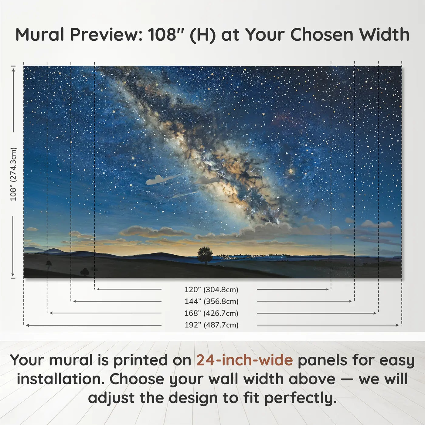 Panel layout and dimensions for Milky Way and Cloud Night Wallpaper Mural by Whimsy Tots