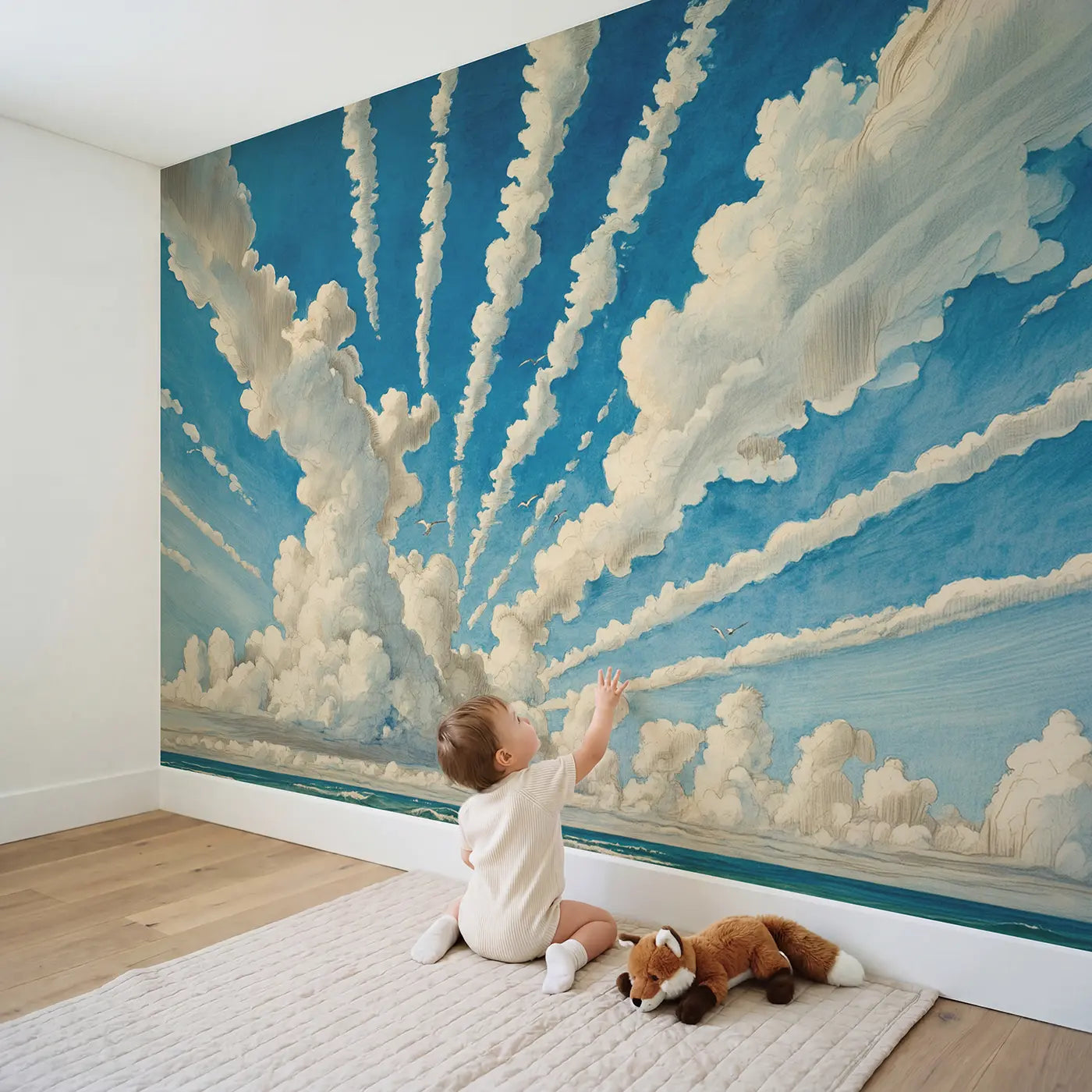 Child in nursery with Trade Wind Cloud Streets Wallpaper Mural by Whimsy Tots