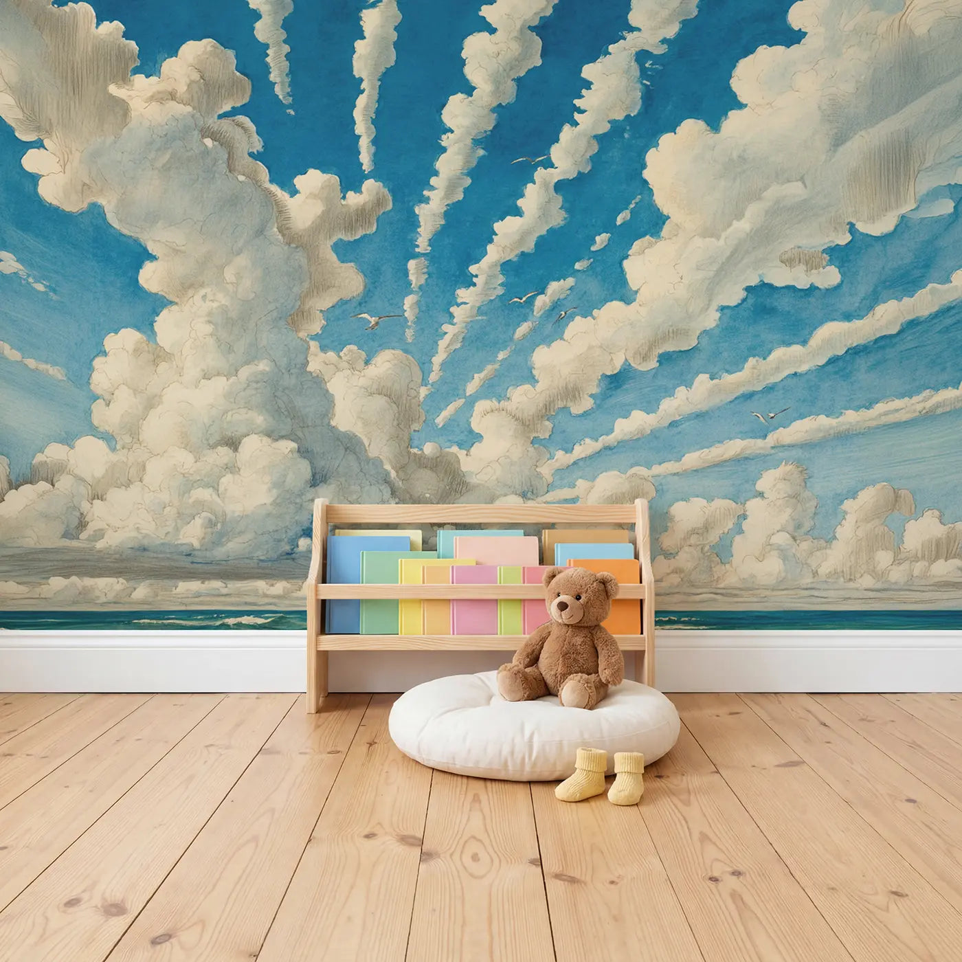Trade Wind Cloud Streets Wallpaper Mural in playroom setting by Whimsy Tots