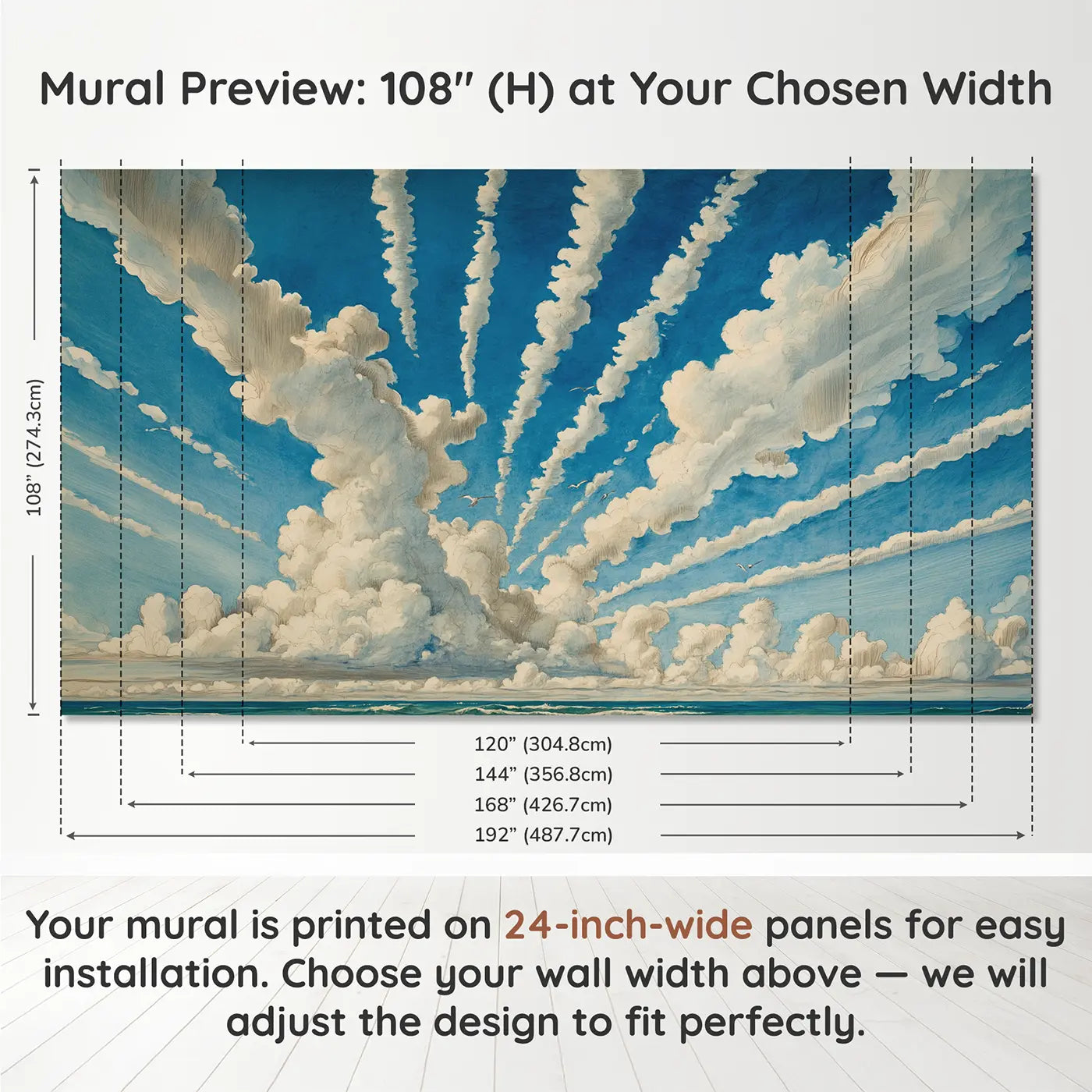 Panel layout and dimensions for Trade Wind Cloud Streets Wallpaper Mural by Whimsy Tots