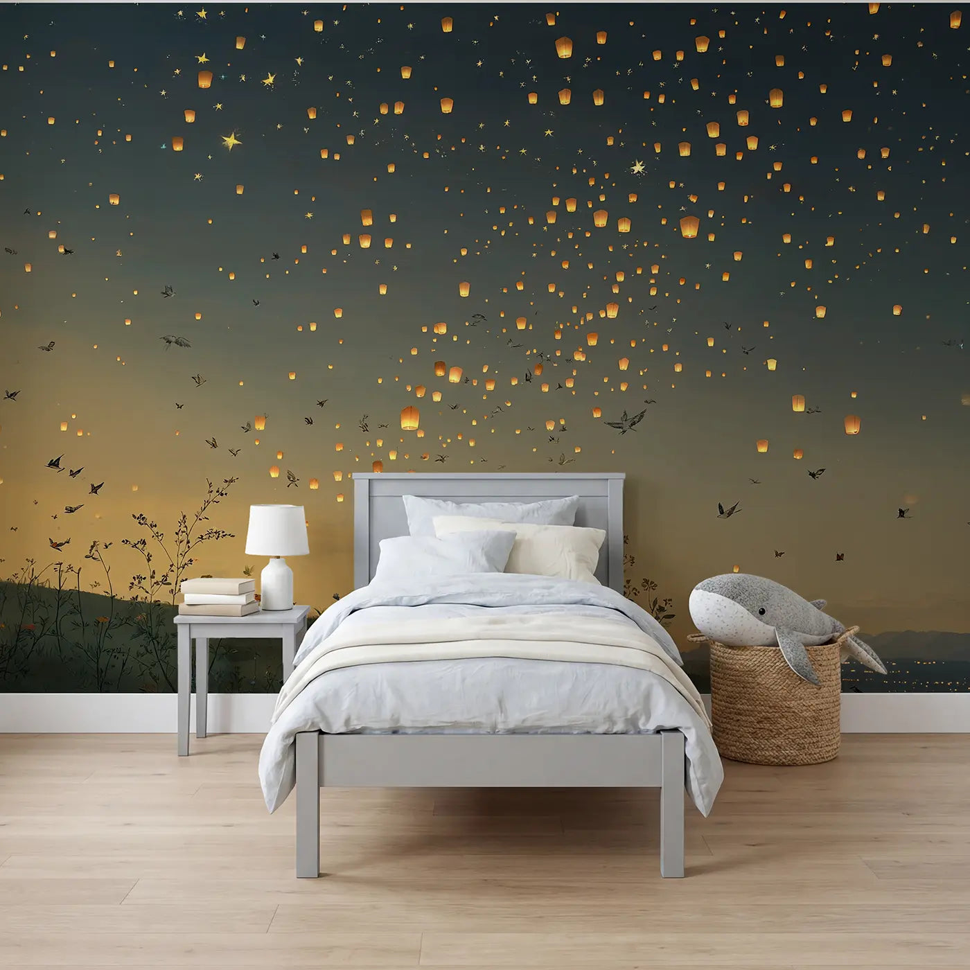 botanical night sky lantern festival wallpaper mural for kids room by Whimsy Tots