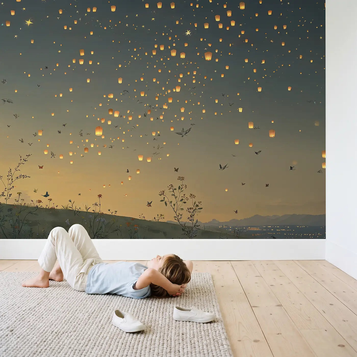 Child in nursery with Night Sky Lantern Festival Wallpaper Mural by Whimsy Tots