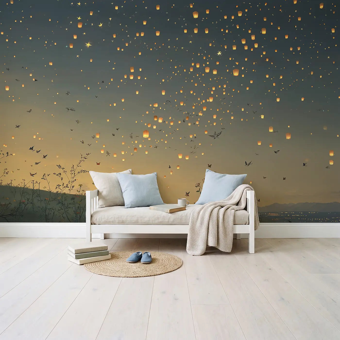 Night Sky Lantern Festival Wallpaper Mural in playroom setting by Whimsy Tots