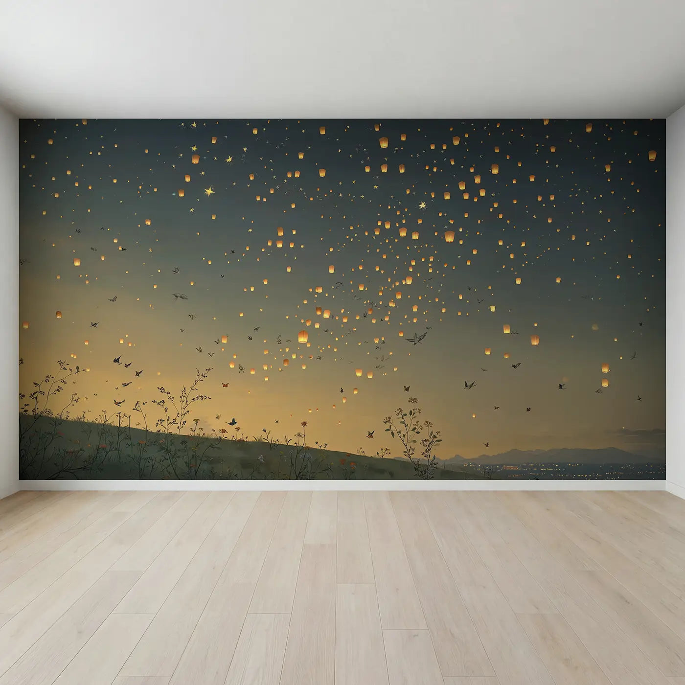 Full view of Night Sky Lantern Festival Wallpaper Mural by Whimsy Tots