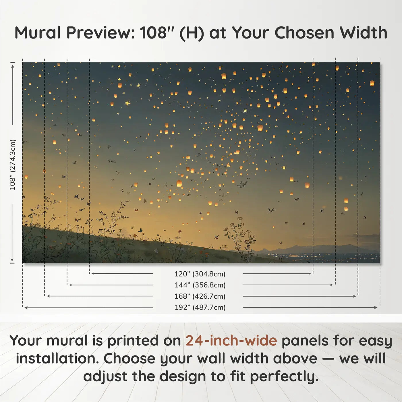 Panel layout and dimensions for Night Sky Lantern Festival Wallpaper Mural by Whimsy Tots