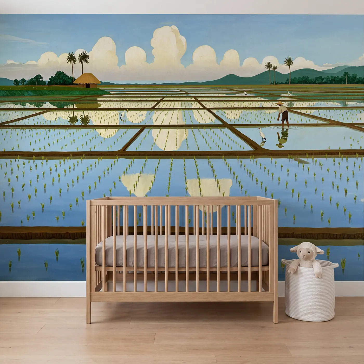Modern illustration rice paddy cloud mirror wallpaper mural for kids room by Whimsy Tots
