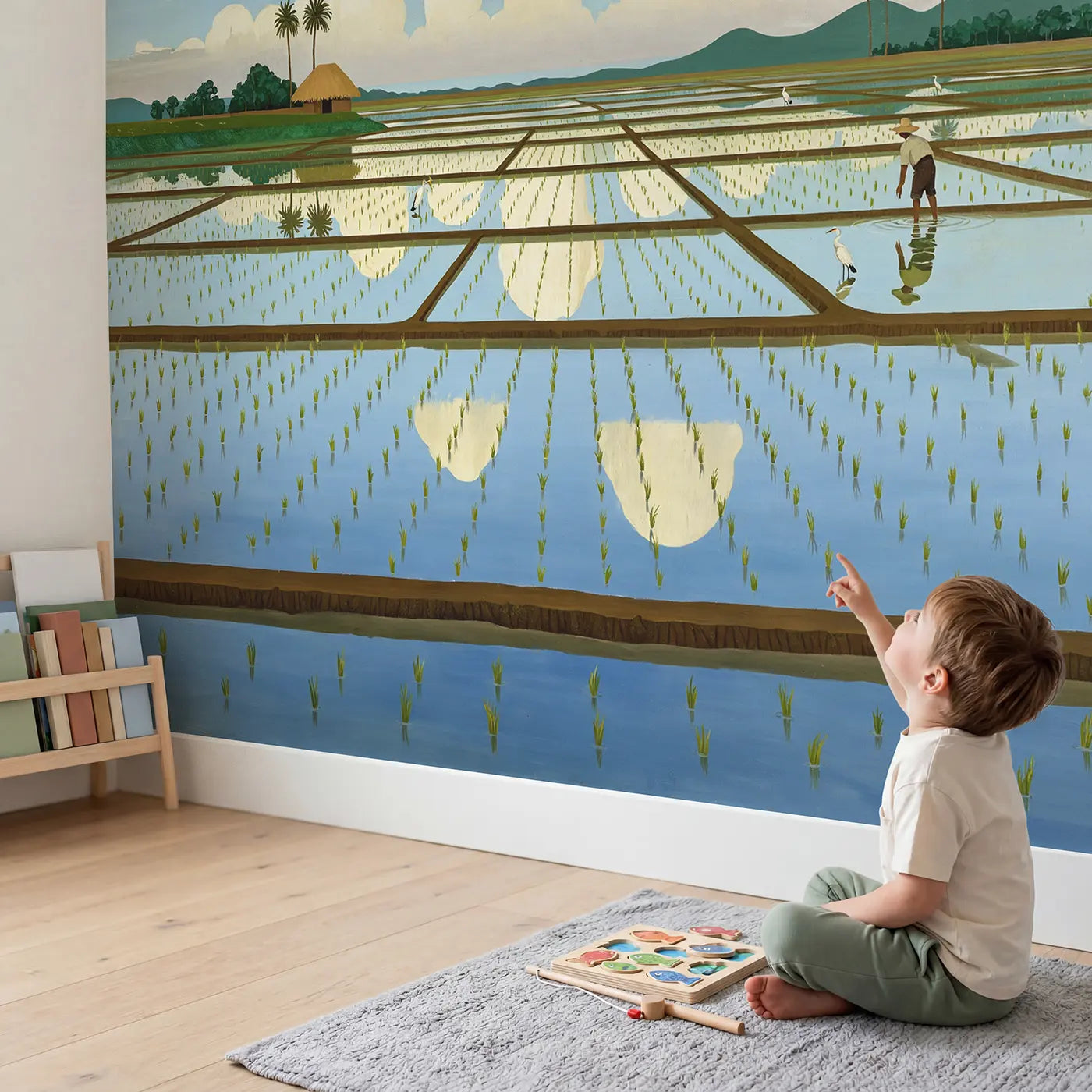 Child in nursery with Rice Paddy Cloud Mirror Wallpaper Mural by Whimsy Tots