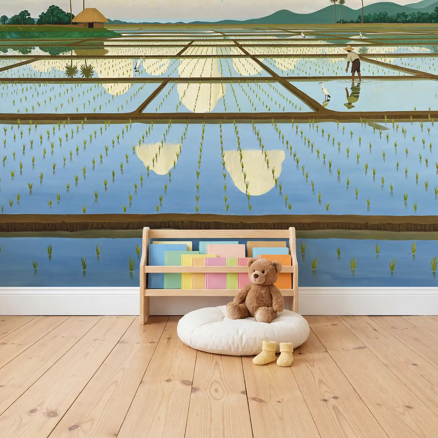 Rice Paddy Cloud Mirror Wallpaper Mural in playroom setting by Whimsy Tots