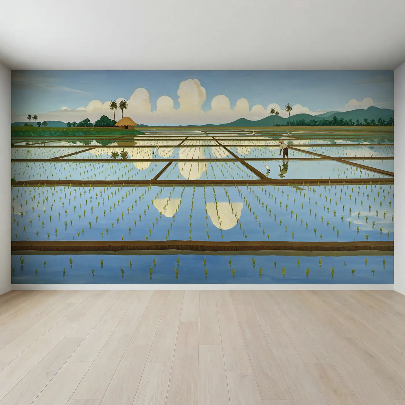 Full view of Rice Paddy Cloud Mirror Wallpaper Mural by Whimsy Tots