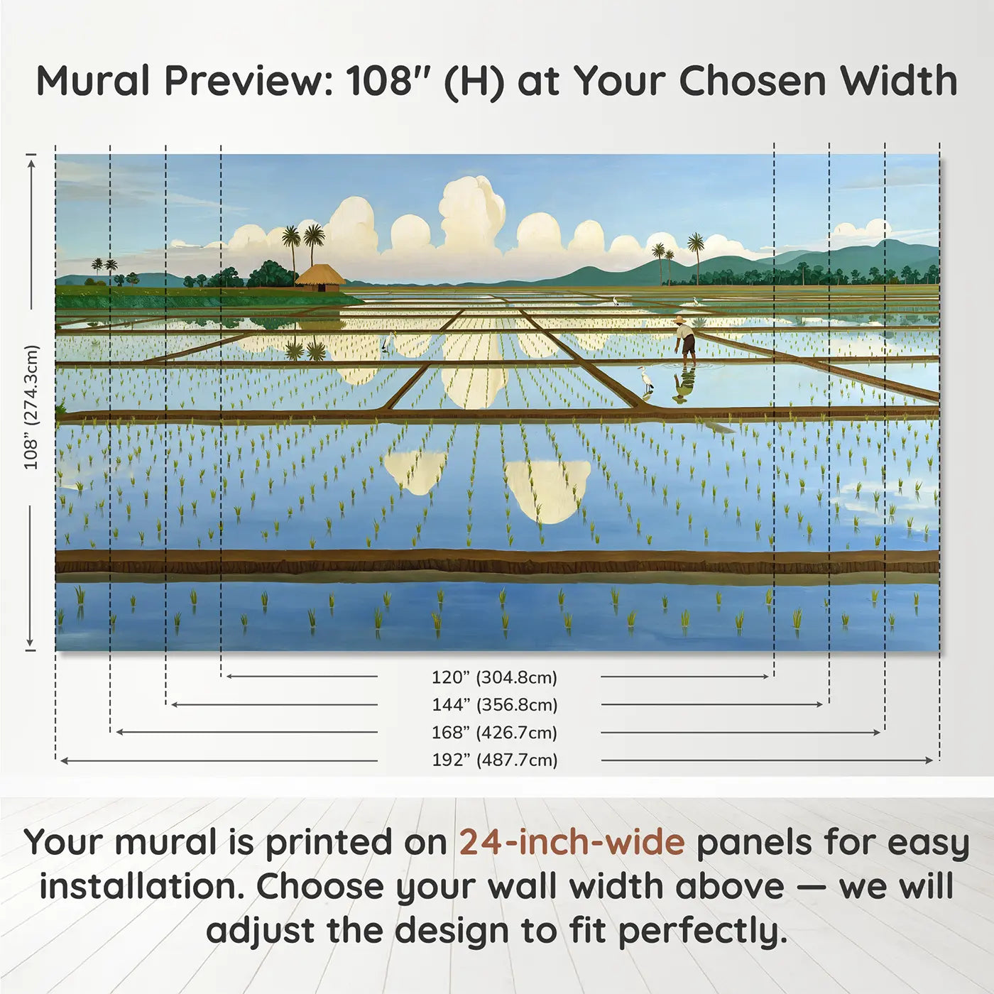 Panel layout and dimensions for Rice Paddy Cloud Mirror Wallpaper Mural by Whimsy Tots