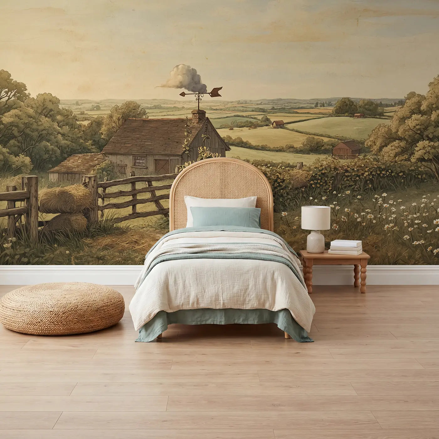 Storybook weather vane barn country sky wallpaper mural for kids room by Whimsy Tots