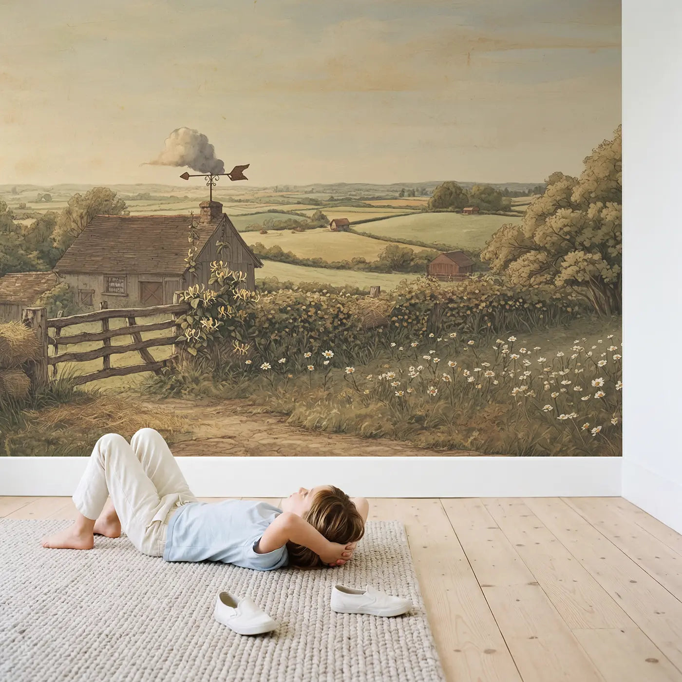 Child in nursery with Weather Vane Barn Roof Wallpaper Mural by Whimsy Tots
