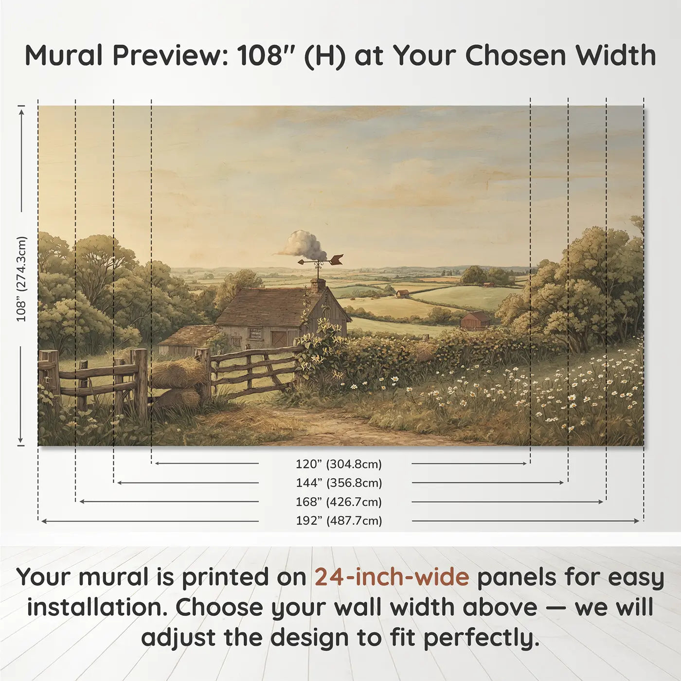 Panel layout and dimensions for Weather Vane Barn Roof Wallpaper Mural by Whimsy Tots