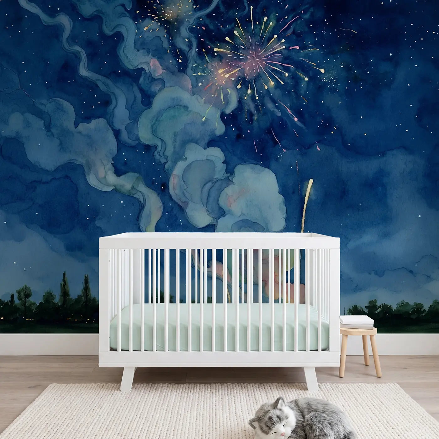 Watercolor star sky wallpaper mural for nursery by Whimsy Tots