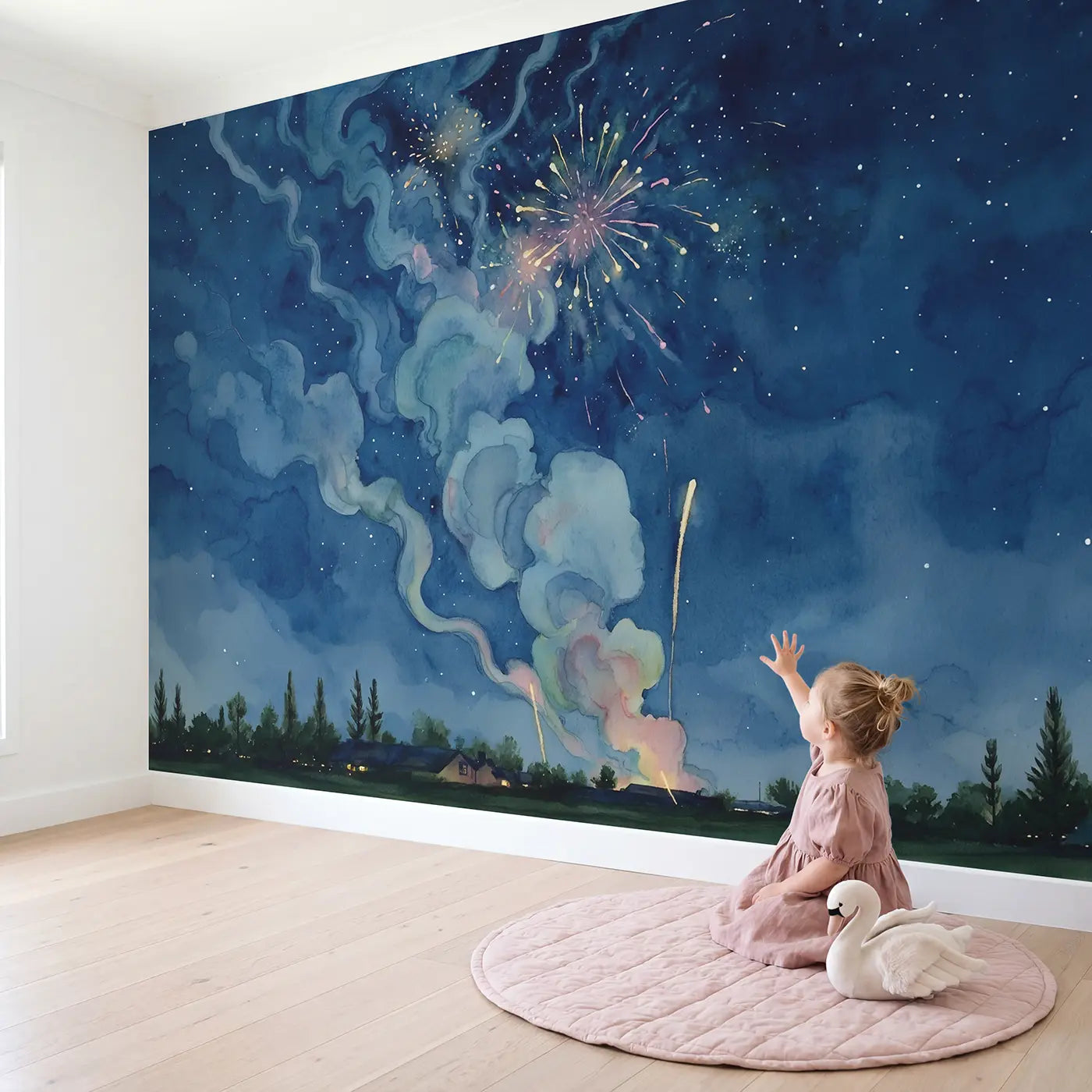 Child in nursery with Firework Smoke Night Sky Wallpaper Mural by Whimsy Tots